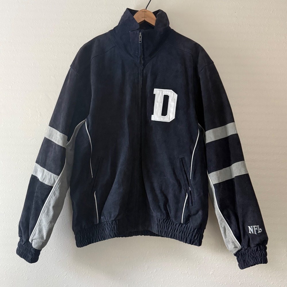 VTG NFL Dallas Cowboys Suede Leather Varsity Jacket Navy Blue Grey Mens Large